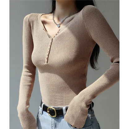 2026 weibliche Casual Tops Pullover Warme V-ausschnitt Frauen Herbst Winter Gestrickte Dünne Pullover Feste Taste Volle Hülse Pullover