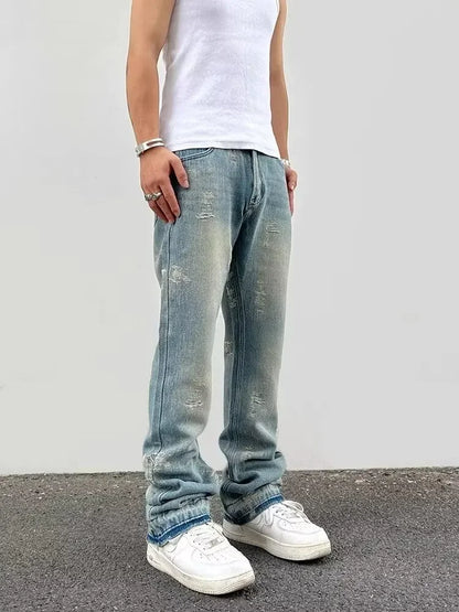 Loose Men's Straight Leg Jeans Casual High Street American Style Torn Frayed Hem Wide Leg Pants Trendy Casual Denim Trousers.