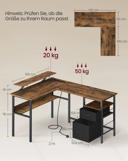 VASAGLE L-förmiger Schreibtisch mit Steckdosen, Eckschreibtisch, Computertisch, Monitorständer, Gaming-Tisch, LED-Beleuchtung