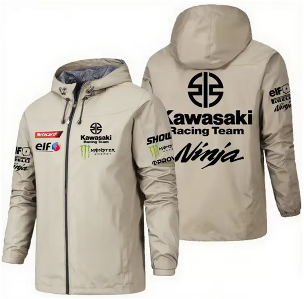 Racing team jacket with Kawasaki logo, men's waterproof and windproof sportswear, 2025 new outdoor sports fashionable fan jacket.