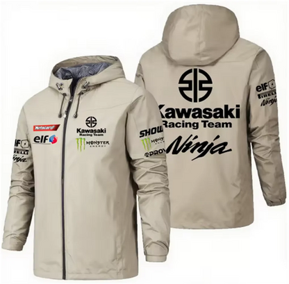 Racing team jacket with Kawasaki logo, men's waterproof and windproof sportswear, 2025 new outdoor sports fashionable fan jacket.