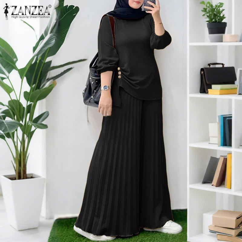 ZANZEA Muslim Women 2 Pieces Pant Sets Hijabis Casual Asymmetric Hem Long Sleeve Blouses & Pleated Pants 2pcs Suits Outfits.