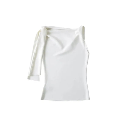 Women Sleek Stretch Knotted Top Fuchsia SLEEVELESS WITH BOAT NECK  ONE-SHOULDER TIE.