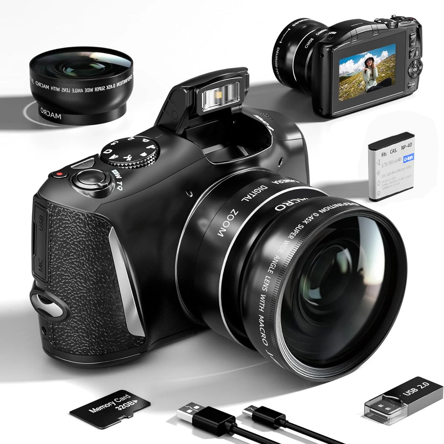 NBD 4K Digital Camera Ultra 48MP Camera Vlogging Camera with Wide Angle Lens 16X Digital Zoom 3.0 Inch Screen Camera.