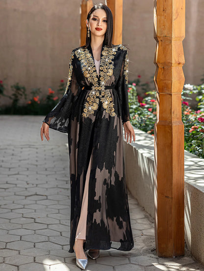 Fashion Lace Embroidered 2 Piece Set Robe Belt Abaya Dubai Kaftan Women Muslim Dress Morocco Caftan Ramadan Kebaya Jalabiya Gown.