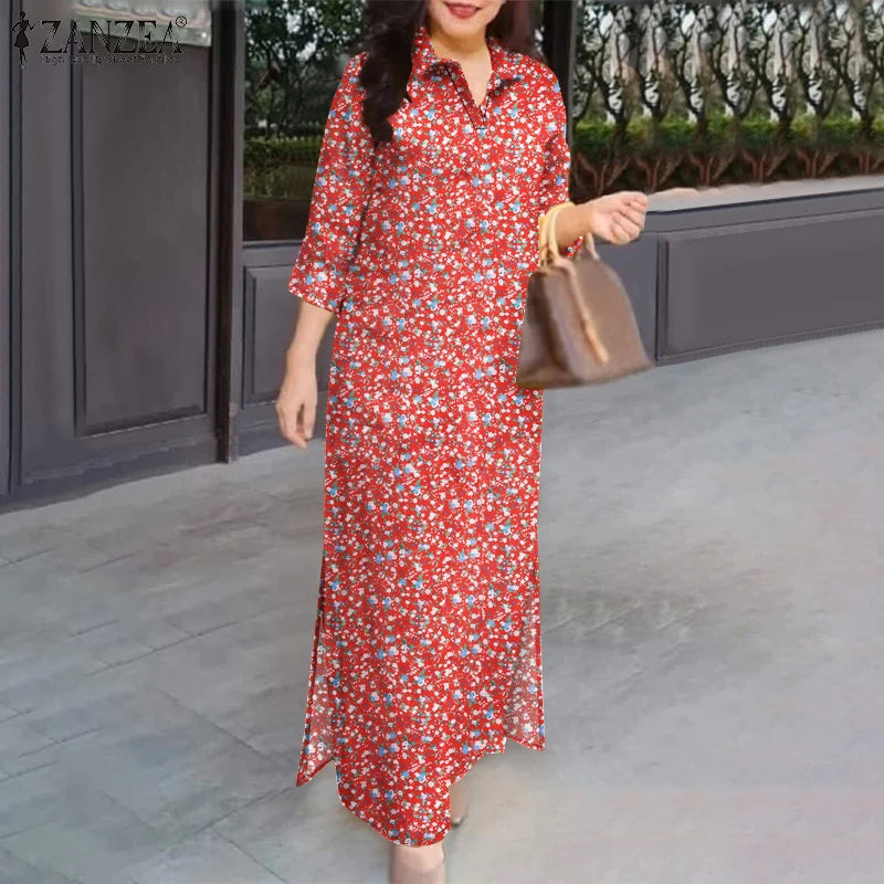 ZANZEA Herbst Sommer Floral Bedruckte Kleider Frauen Maxi Sommerkleid Bohemian Casual 3/4 Hülse Urlaub Vestidos Kaftan Robe Femme