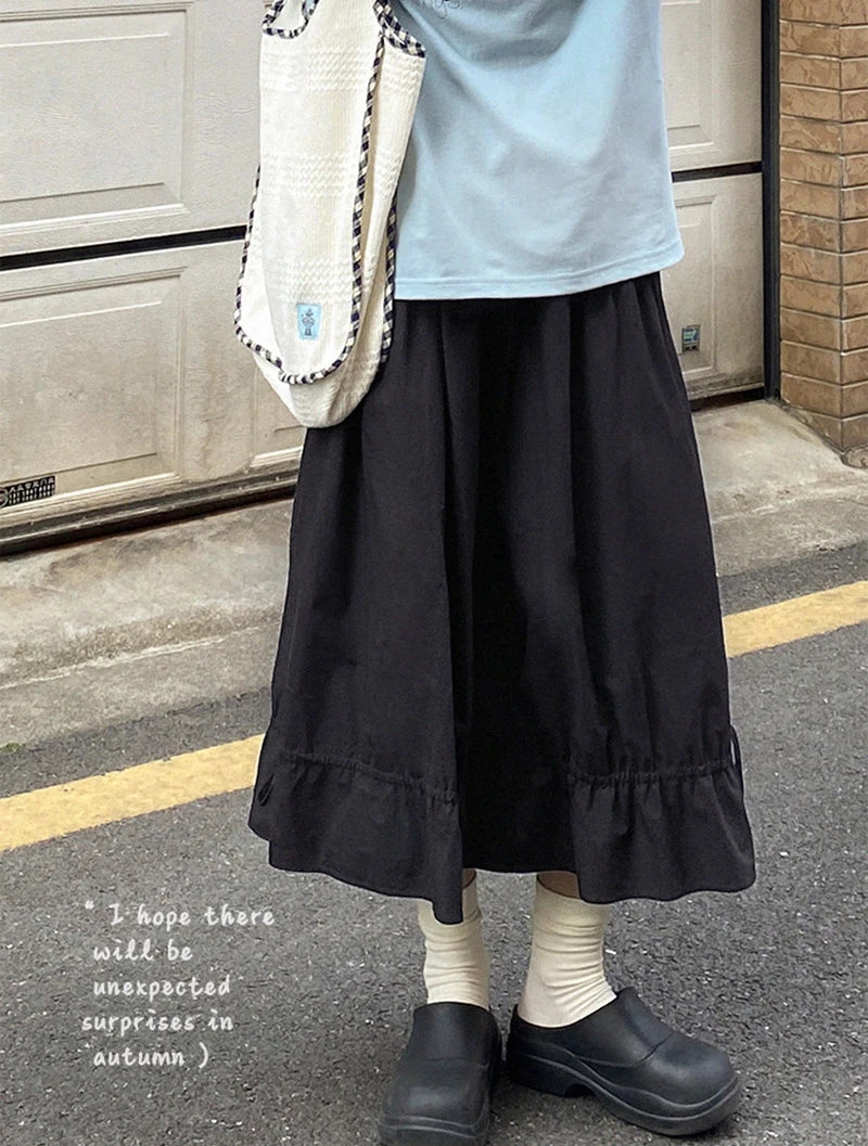 Vintage Black Midi Skirt Women Japanese Harajuku Drawstring Bud Skirts Summer Streetwear Korean Casual Design A Line Faldas New.