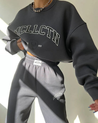 Warm Suit Autumn Winter Women Solid Set Elegant O-neck Pullover Hoodie And Pocket Trousers Two-Piece Set Lady Casual Loose Sets