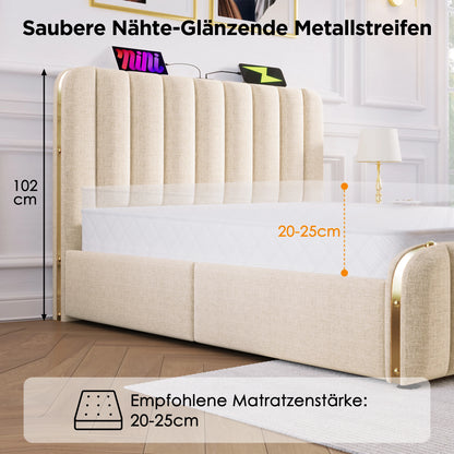 KOMHTOM Polsterbett Einzelbett 90x200 cm- mit goldenen Zierstreifen, USB Typ-C Ladefunktion, Leinen-Material, ohne Matratze
