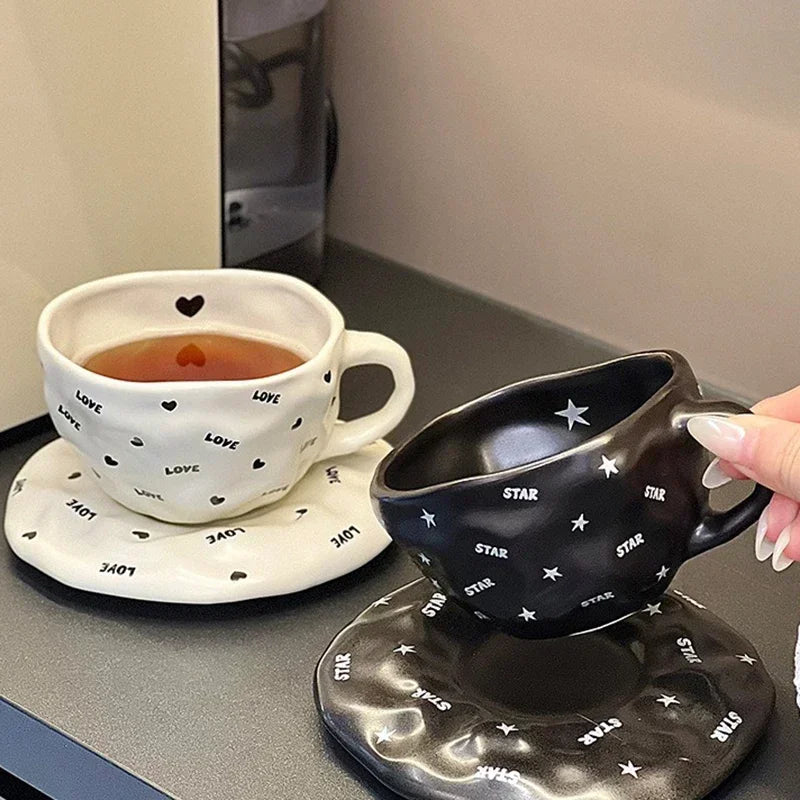 240ml Irregular Ceramic Coffee Cup and Saucer High Appearance Level Afternoon Teacup Office Home Milk Cup Water Cups for Couples.
