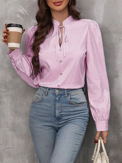 New Fashion Women's Color-coded Striped Casual Trendy Loose Single-breasted Pullover Long Sleeve Shirts Female Clothes T-shirts