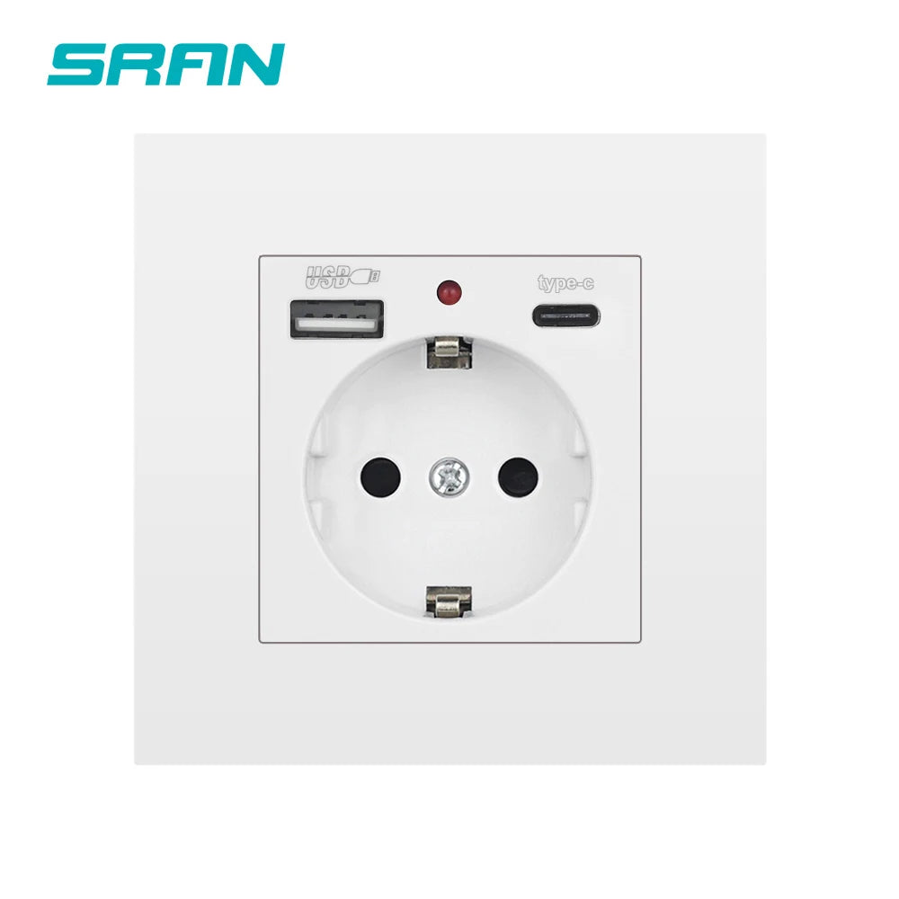 SRAN EU-Standard-Wandsteckdose mit USB und Typ-C 20 W Schnellladung, 5 V/2 A Doppelanschlüssen, 86 x 86 mm flammhemmendes Panel, CE-zertifiziert.