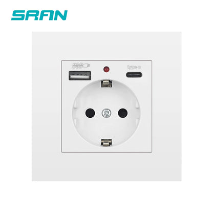 SRAN EU-Standard-Wandsteckdose mit USB und Typ-C 20 W Schnellladung, 5 V/2 A Doppelanschlüssen, 86 x 86 mm flammhemmendes Panel, CE-zertifiziert.