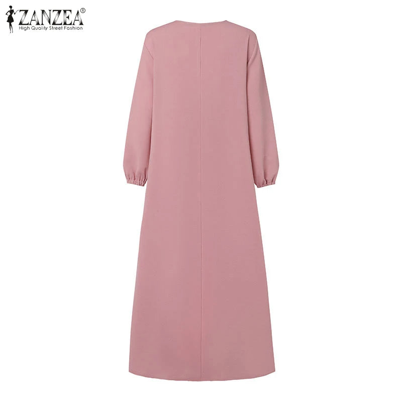 ZANZEA Muslim Casual Loose Long Dresses Textured O Neck Buttons Long Sleeve A-line Vestidos Women 2024 Islamic Hijab Abaya Robes.
