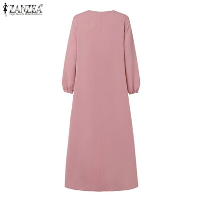 ZANZEA Muslim Casual Loose Long Dresses Textured O Neck Buttons Long Sleeve A-line Vestidos Women 2024 Islamic Hijab Abaya Robes.
