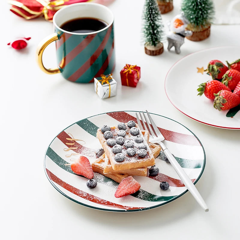 1pc Merry Christmas Ceramic Dinner Dish Plate Set Mug Dessert Cake Pastry Fruit Serving Plate Decorative Tableware.