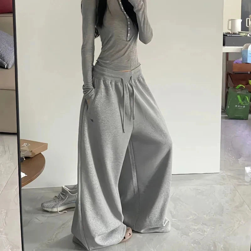 Oversize Cotton Pants Woman Y2K Casual Drawstring Trousers Korean Streetwear High Waist All Match Jogger Pants Grey Sweatpants