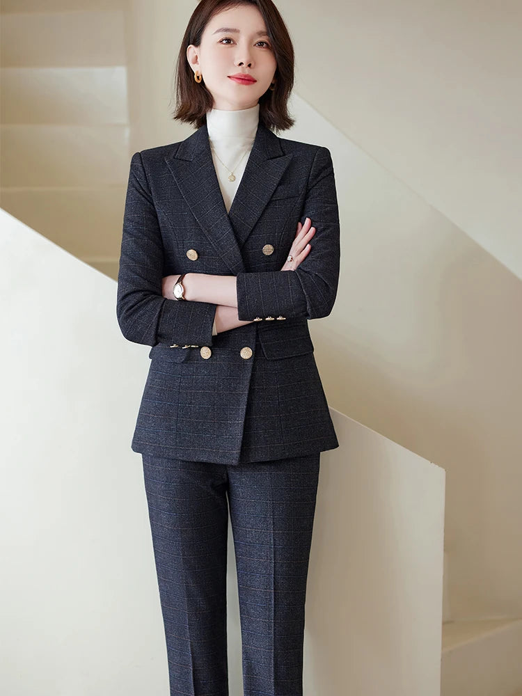 Autumn Winter Red Coffee Blue Black Ladies Pant Suit Women Female Business Work Wear Plaid Jacket and Trouser Blazer 2 Piece Set.