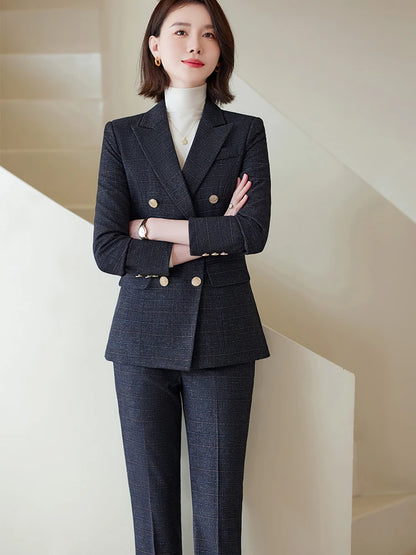 Autumn Winter Red Coffee Blue Black Ladies Pant Suit Women Female Business Work Wear Plaid Jacket and Trouser Blazer 2 Piece Set.