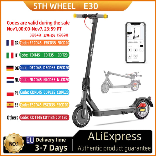 5TH WHEEL E30 ABE Adult Electric Scooter 350W Motor 36V 7.5AH Battery City Electric Scooter 8.5" Solid Tires Foldable E-Scooter.