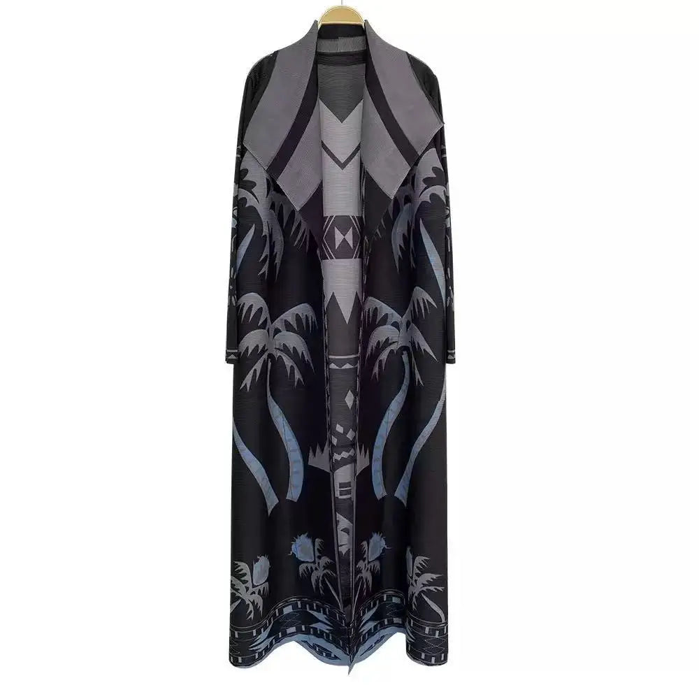 Abaya Miyake Pleated Printed Robe Jacket Arabian Dubai Style Women's Long Sleeve Conservative Demure Muslim Trench Coat 55inches