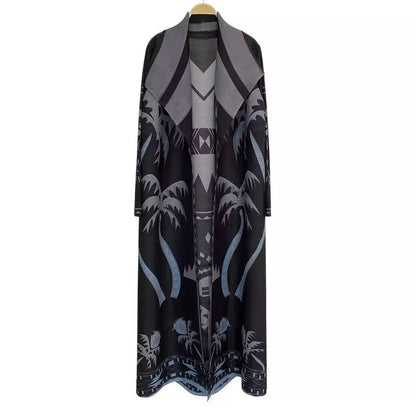 Abaya Miyake Pleated Printed Robe Jacket Arabian Dubai Style Women's Long Sleeve Conservative Demure Muslim Trench Coat 55inches