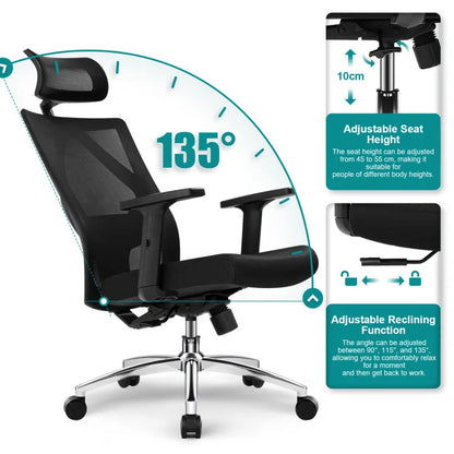 aiibottech Ergonomischer Bürostuhl, Netz-Schreibtischstuhl, verstellbare Lordosenstütze, drehbare neigbare Räder für Home-Office-Gaming
