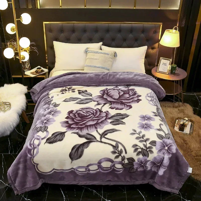 Double Layer Winter Thicken Raschel Plush Weighted Blanket For Bed Warm Heavy Blankets Throw Printed Flowers Fluffy Soft Carpet