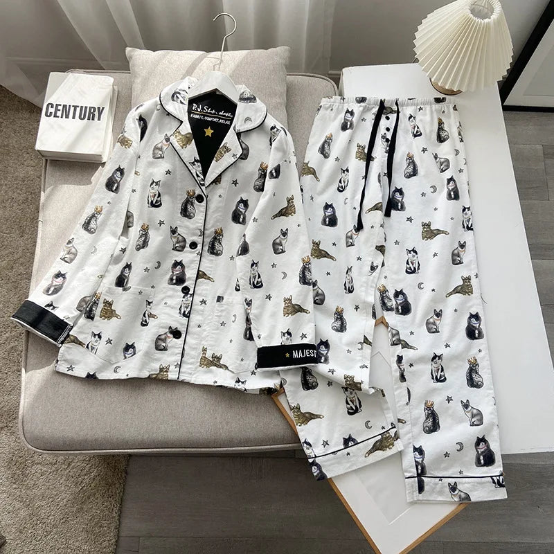 2025 New Pajamas Suit Cotton 2 Piece Set Women Print Cartoon Nightwear Long Sleeve Trousers Set Autumn Loungewear Home Clothes.