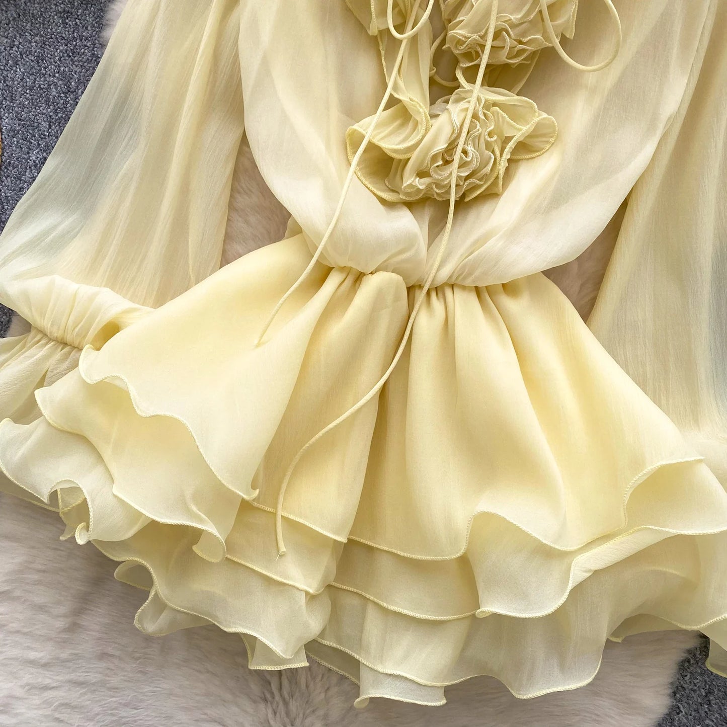 SINGREINY 3D Floral Strand Kurzes Kleid Weibliche Lange Ärmel Spitze Up Rüschen Chiffon Kuchen Sommerkleid Sheer Sexy Vintage Bohemian Kleid