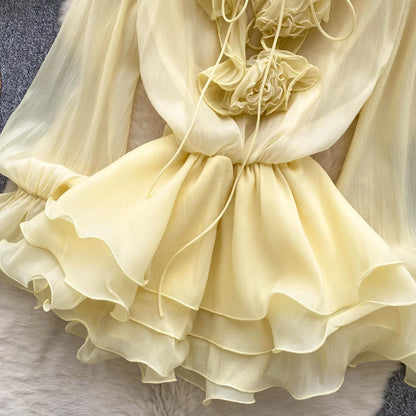 SINGREINY 3D Floral Strand Kurzes Kleid Weibliche Lange Ärmel Spitze Up Rüschen Chiffon Kuchen Sommerkleid Sheer Sexy Vintage Bohemian Kleid