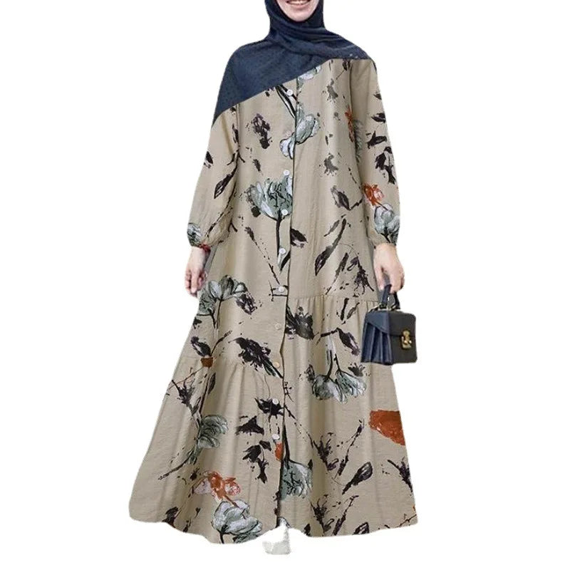 Muslim Women Abayat Cotton Linen Long Sleeve Abaya Femme Fashion Loose Casual Floral  Dress Europe America Middle East Arab.