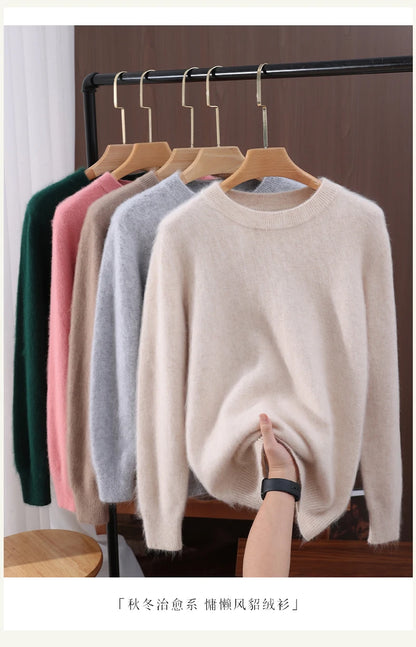 Women's Round-neck Mink Cashmere Sweater Soft Pullover Jumper Comfortable Knitted Top for Autumn Winter Pure Mink Material.