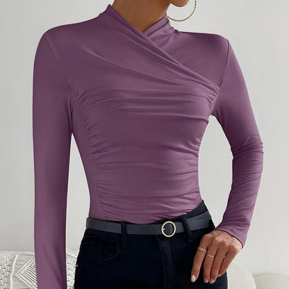 Sexy Elegant Fall Winter Long Sleeve Cross Pleated Pullover Women's Modal Solid Color Irregular Tops Street Daily Versatile Tees.