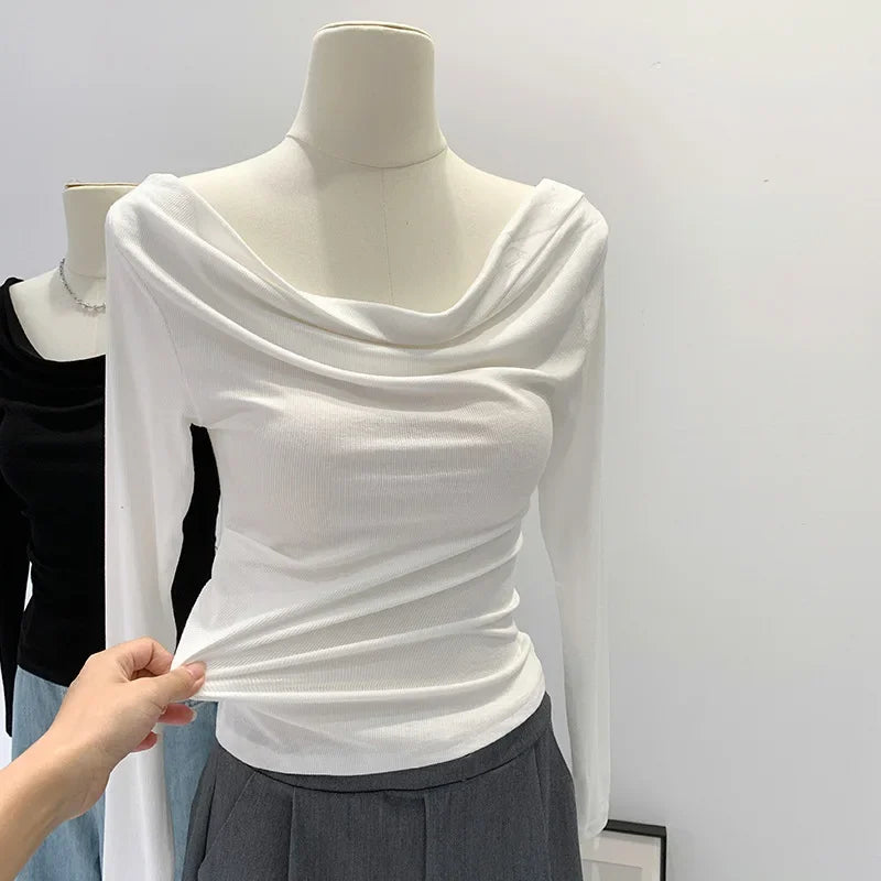 Off-The-Shoulder Long Sleeve T-Shirt Women's Early Autumn New Slimming Design Korean Style Sweet And Spicy Fashion Tops