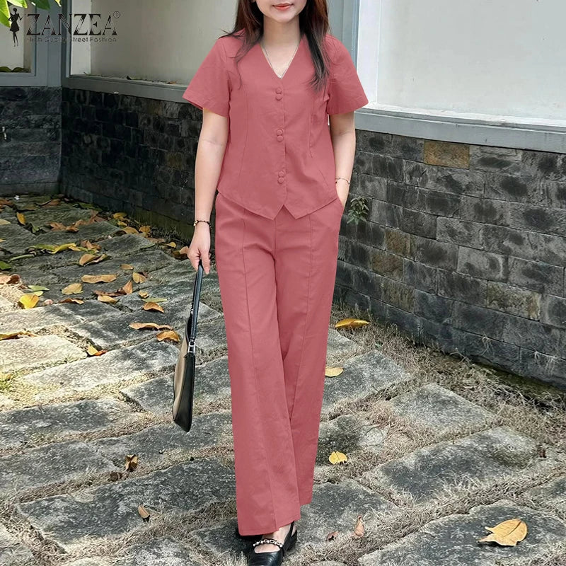 ZANZEA Fashion 2 Piece Sets Woman Elegant V-Neck Short Sleeve Shirts Wide Leg Pants 2pcs Suits Office Lady Commuting Pant Sets.