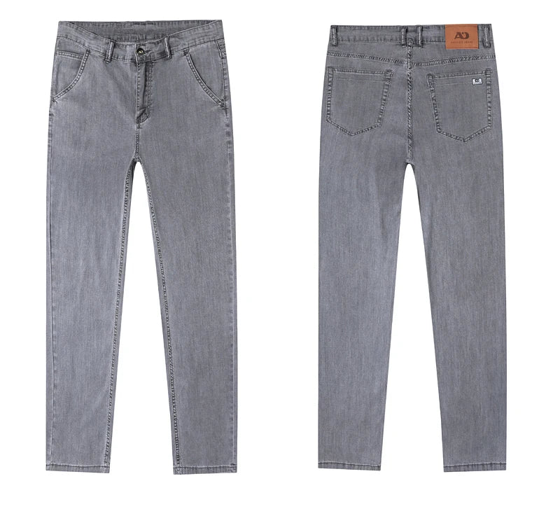 Summer Thin Men's Loose Straight Jeans Lyocell Soft Drape Business Casual Trousers Classic Smoke Gray Brand Ice Silk Pants.