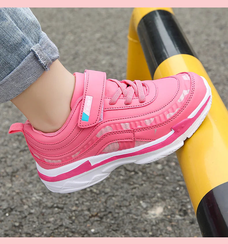 Girls Sport Shoes Waterproof Running Kids Sneakers Casual Leather Pink Breathable Fashion Antislip Lightweight Children Shoes.