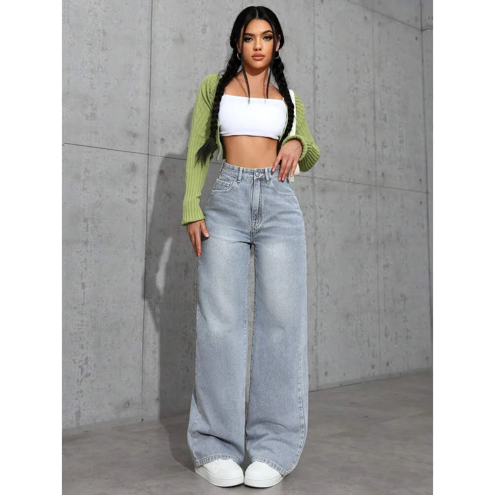 High Waist Straight Leg Women's Jeans Cross-Border Sweet And Spicy Style Loose Casual Long Trousers Spring Autumn.