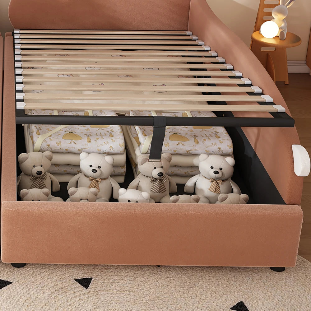 Polsterbett, Einzelbett, Babybett, niedlicher Hasenkopf, hydraulisches Bett mit Stauraum, erhöhter weicher Zaun, Samt, rosa + weiß, 90 x 200 cm