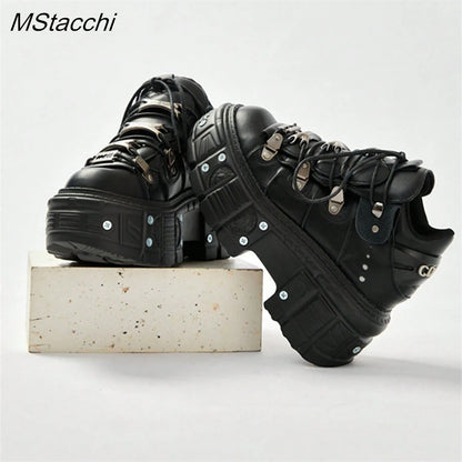 Punk Stil Frauen Schwarze Schuhe Rock Metall Dekor Lace-up Ferse Höhe Plattform Schuhe Gothic Mann Turnschuhe Frauen Stiefeletten 2025, Neue