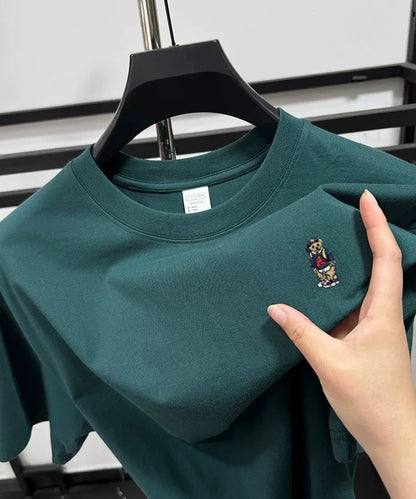 Light luxury 100% cotton men's T-shirt short sleeve round neck skin friendly comfort fashion brand cartoon bear embroidered top