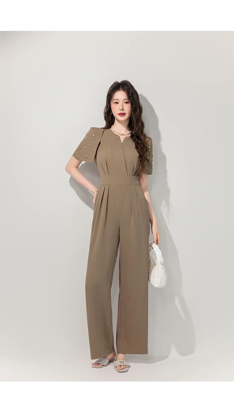 Women's Luxury Diamond-Studded Jumpsuit – Slim Fit Wide Leg Palazzo Pants, Autumn Short Sleeve Romper with High Waist.