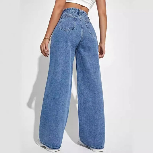 Fashion retro blue jeans women y2k High street baggy straight pants High waisted all-in-one slim pants.