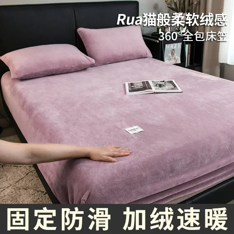 Warm Plush Fitted Sheet Elastic Mattress Cover Fluffy Velvet Fleece Bed Linen Couple Thermal Double Bed Not Included Pillowcase