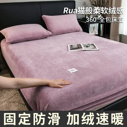 Warm Plush Fitted Sheet Elastic Mattress Cover Fluffy Velvet Fleece Bed Linen Couple Thermal Double Bed Not Included Pillowcase