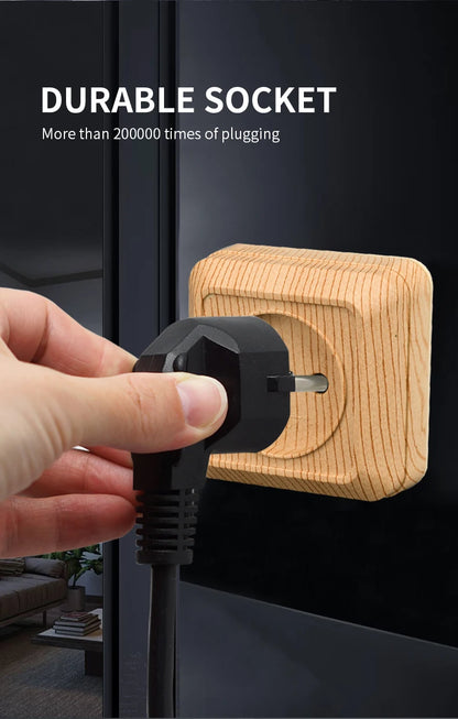 WESA Holz-Wandsteckdose, EU-Standard, Steckdose, Vintage-Imitation, Holzfarbe, Steckdose, flammhemmender Kunststoff.