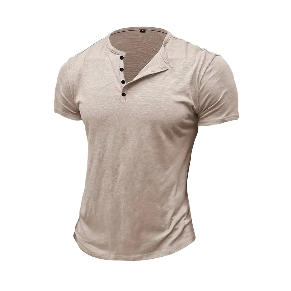 Summer Men's Cotton T-shirt Short-sleeve Henley Collar Casual Solid Color Button Tees Polo High Quality Male Cozy T-shirts.