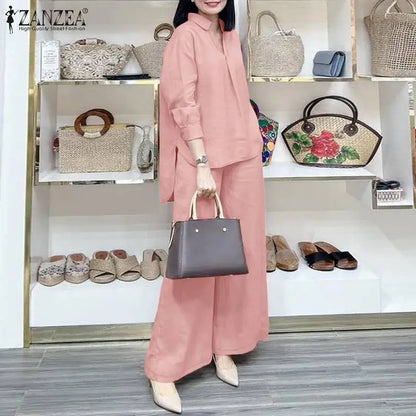 ZANZEA Fashion Women Casual Trousers Suits 2PCS Autumn Long Sleeve Blouse Solid Wide Leg Pants Sets Loose Work Tracksuit Outifit.
