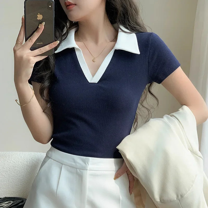 Chic Short Sleeve Polo Neck T-Shirt Women's Summer New Design Sensation Gexuan Fashionable Flip Collar Shoulder Length.